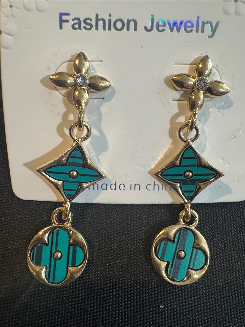 Fashion Jewelry Gold-Tone Drop Earrings with Teal Accents